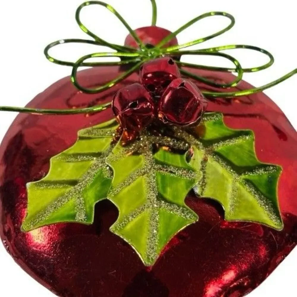 2 Large Vintage Metal Red & Green Christmas Ornaments Holly Berry w/Bells & Hook